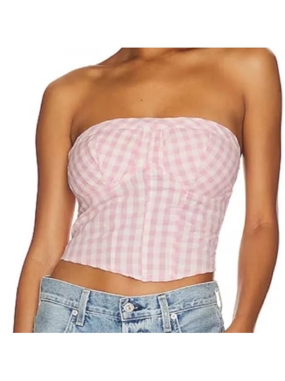 Free People Leilani Strapless Pink Gingham Bustier Crop Top
